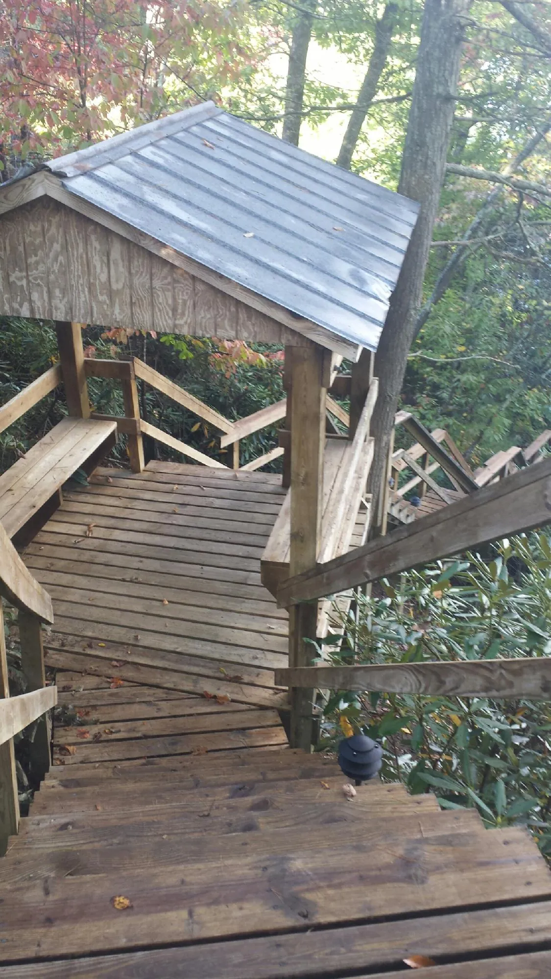 Metal roofed shelter over wooden steps on a wooded walkway — Skylight Repair & Installation work by our crew in Free Union